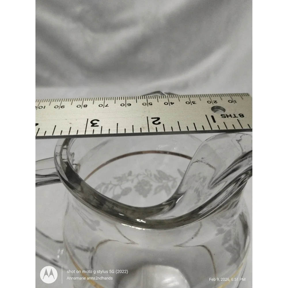Mid Century Etched Glass Water Pitcher Gold Band Fruit Design‎
